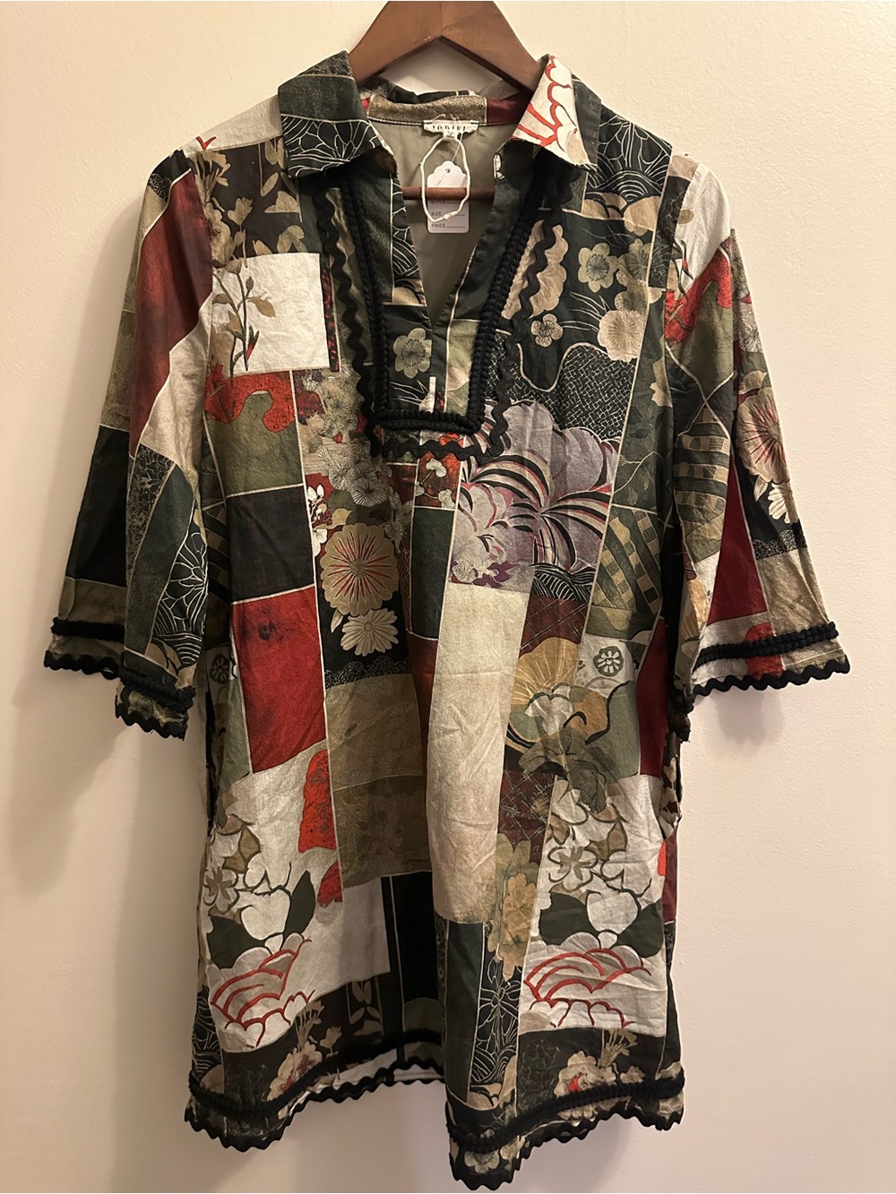 JODIFL Patchwork Floral Button-Down Shirt in Olive, Black & Red